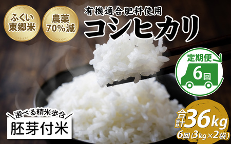 【胚芽付米】【定期便6ヶ月連続】令和6年産 新米 ふくい東郷米 特別栽培米 農薬70％減 コシヒカリ 6kg(3kg×2袋)×6ヶ月 合計36kg[J-020023_03]