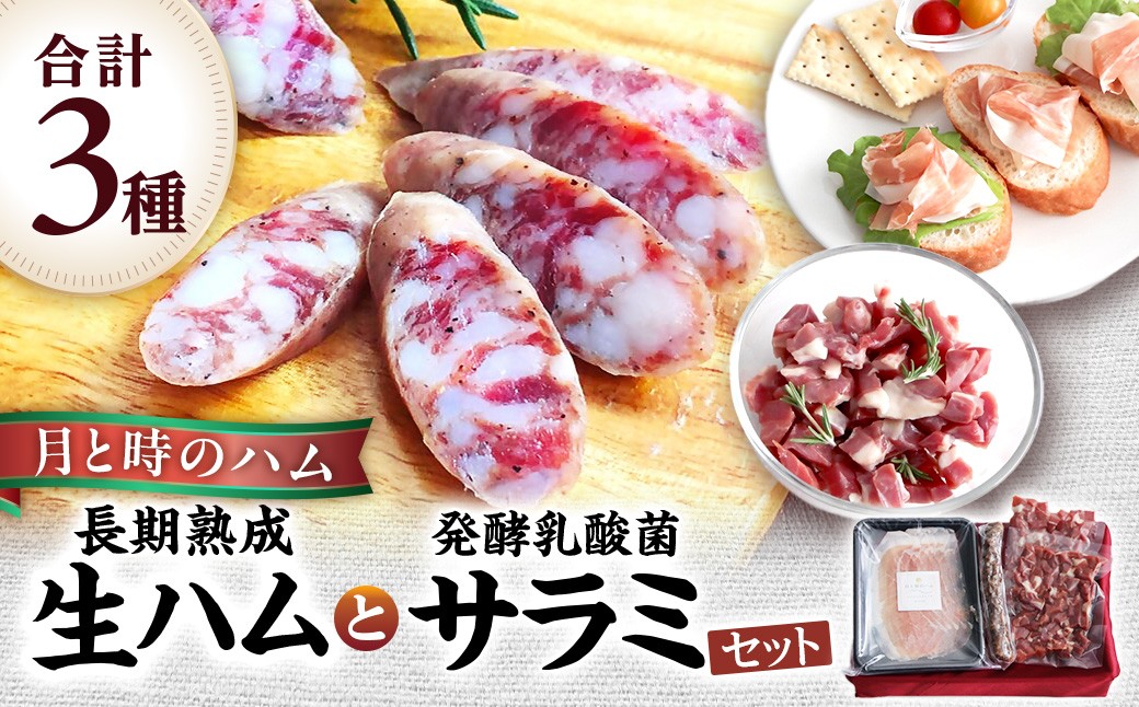 
                  田嶋畜産の月と時のハム(長期熟成生ハム)と発酵乳酸菌サラミセット  長期熟成 生ハム ハム 塩漬け サラミ 豚肉 ミンチ モモ肉 骨付 冷凍便 佐賀県 太良町 NB38x1
                