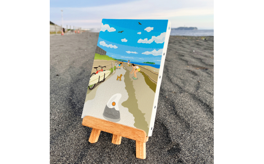 湘南・茅ヶ崎で描く、海を感じるイラストアート 『 湘南ランドスケープ12：茅ヶ崎から江ノ島へ、湘南サイクリングロード 』　キャンバスアートパネル（小） /絵画 風景 犬 猫