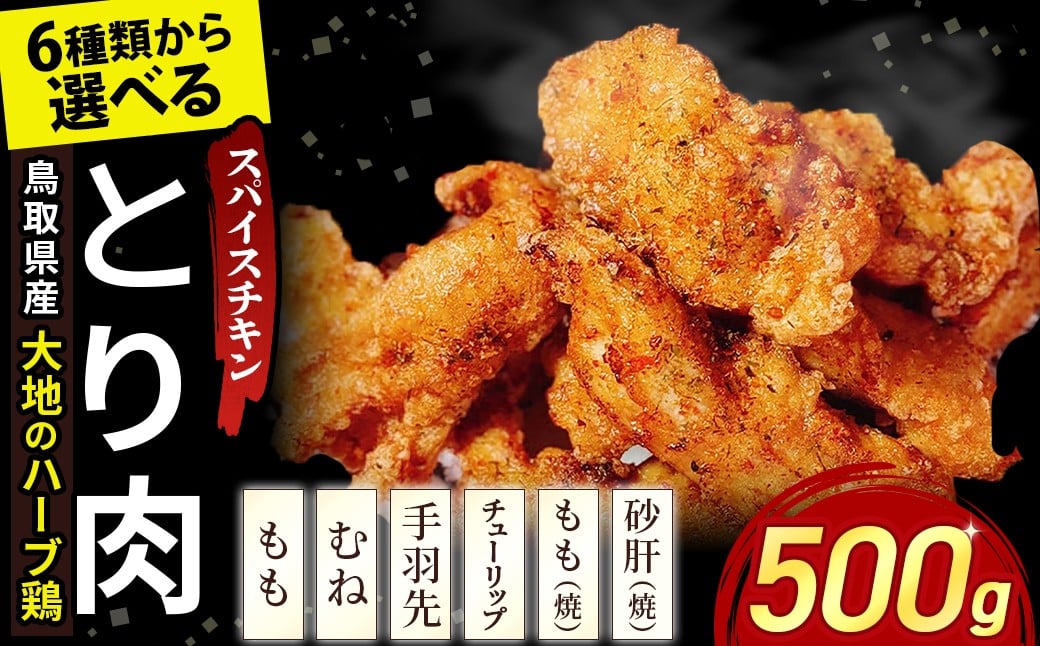 
            【鳥取県産 大地のハーブ鶏】 スパイスチキン 選べる種類！ 500g もも肉 むね肉 手羽先 砂肝 唐揚げ 焼肉 一口カット 鶏肉 チキン 鳥取県 倉吉市
          