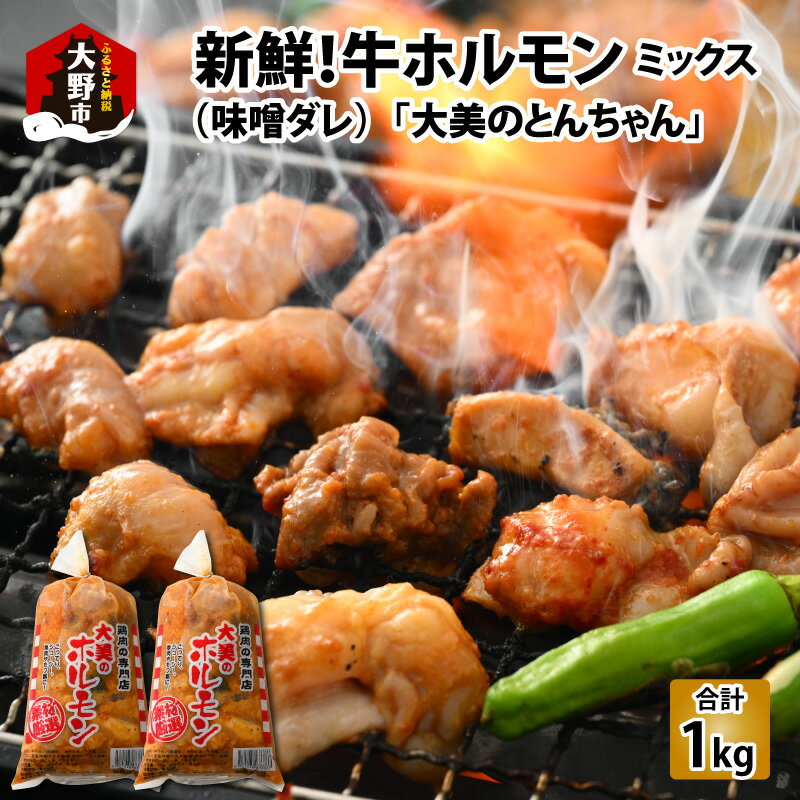 大美のとんちゃん（ミックス）牛ホルモン ミックス 味噌ダレ 1kg（500g×2パック）[A-015009] | ホルモン 焼肉 老舗 網焼き 鉄板焼き タレ漬け もつ 味付け 豚肉 小分け ハイボール 精肉店 国産 新鮮 ホルモン焼き