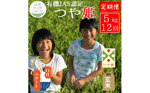 11月スタート【玄米5kg-定期便12回】山形ゆりあふぁーむの有機JAS認証つや姫セット