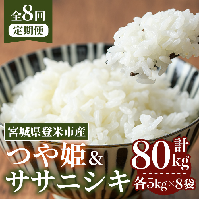 ≪令和7年産≫【8回定期便】ササニシキ・つや姫 計80kg (各5kg×8回配送) 登米市産 お米 おこめ 米 コメ 白米 ご飯 ごはん おにぎり お弁当 8か月 頒布会【登米ライスサービス株式会社】tm488