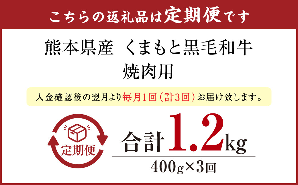 まもと黒毛和牛 焼肉 400g 定期便3回