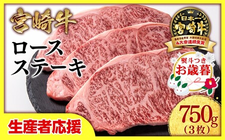 【お歳暮】生産者応援【宮崎牛】ミヤチク　ロースステーキ3枚　計750g＜2.2-14＞