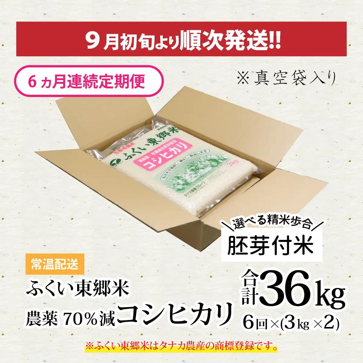 【先行予約】【胚芽付米】【定期便6ヶ月連続】令和8年産 新米 ふくい東郷米 特別栽培米 農薬70％減 コシヒカリ 6kg(3kg×2袋)×6ヶ月 合計36kg[J-020023_03]
