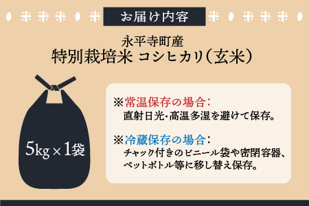 【玄米】 令和5年度産 永平寺町産 農薬不使用・化学肥料不使用 特別栽培米 コシヒカリ 5kg [B-033056]