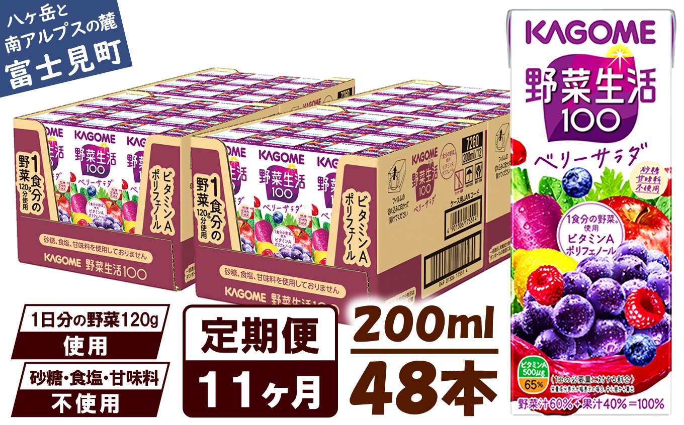 【 定期便 11ヶ月連続お届け】カゴメ 野菜生活100 ベリーサラダ 200ml×48本 ジュース 野菜 果実ミックスジュース 果汁飲料 紙パック 砂糖不使用 1食分の野菜 鉄分 ポリフェノール ビタミンA 飲料類 ドリンク 野菜ドリンク 備蓄 長期保存 防災 飲みもの