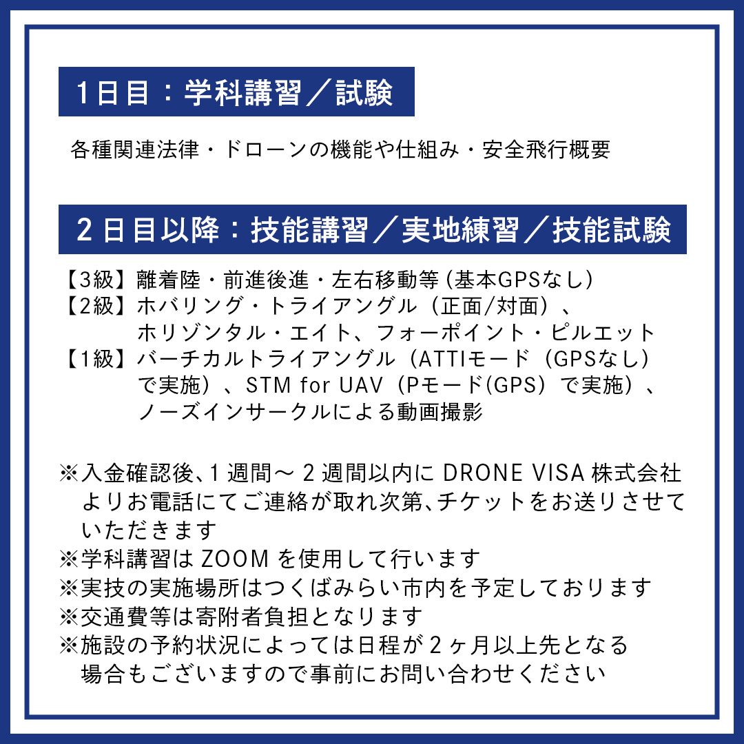 【一般社団法人日本ドローン協会】ドローン3級＋2級＋1級操縦士技能証明取得コース(学科1日＋実技3日) [BL03-NT]_イメージ4