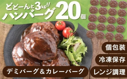 AB417.累計４０万個突破記念！どーんと3kg!デミ＆カレーハンバーグセット【150g×20個】【訳あり】【北海道・沖縄・離島へ配送不可】