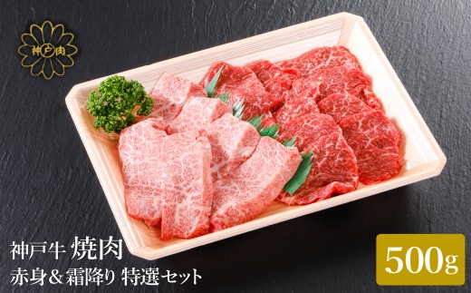 神戸牛 焼肉 赤身 & 霜降り 特選 食べ比べセット 500g／通常梱包 / 焼肉 焼肉用 赤身 もも モモ 霜降り 肩ロース 牛肉 冷凍 国産牛 ブランド牛 神戸ビーフ 化粧箱入 ギフト 平山牛舗