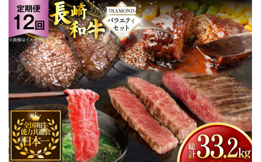 牛肉 和牛 定期便 長崎和牛 バラエティセット「ダイヤモンド」 12回 総計33.2kg [黒牛 長崎県 東彼杵町 hs42bag750085] 牛肉 ローストビーフ ステーキ しゃぶしゃぶ モモ もも ヒレ ヒレ肉 ざぶとん ハンバーグ