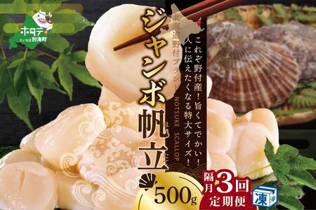 【隔月定期便】 北海道 野付産 漁協直送 冷凍ホタテ 貝柱 ジャンボホタテ500g×隔月3ヶ月（ ほたて ホタテ 帆立 貝柱 玉冷 北海道 野付 人気 ふるさと納税 ）