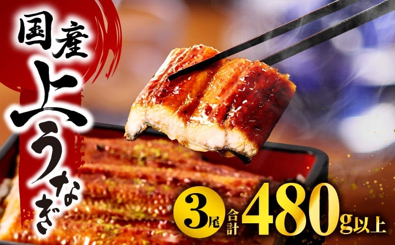 国産うなぎ蒲焼3尾(計480g以上) 鰻蒲焼 ウナギ蒲焼用たれ さんしょうのセット(うなぎ1尾160g以上の鰻3尾からなるウナギの詰め合わせ)