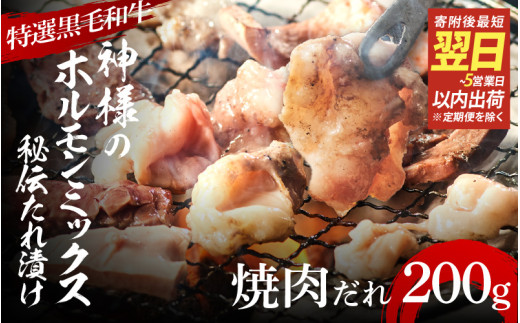 【 スピード発送 】【 特選 黒毛和牛 】 神様のホルモンミックス 秘伝たれ漬け  200g（焼肉だれ1p）