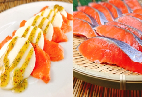 スモークサーモンカプレーゼ8～12P(計1.5kg)＆塩銀鮭切り身1切(約70g)×35P D-09042