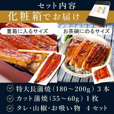 浜名湖・うなぎのたなかのふっくら柔らか国産うなぎ!特大長蒲焼3本、カット(小)1枚※合計595g程度【配送不可地域：離島】