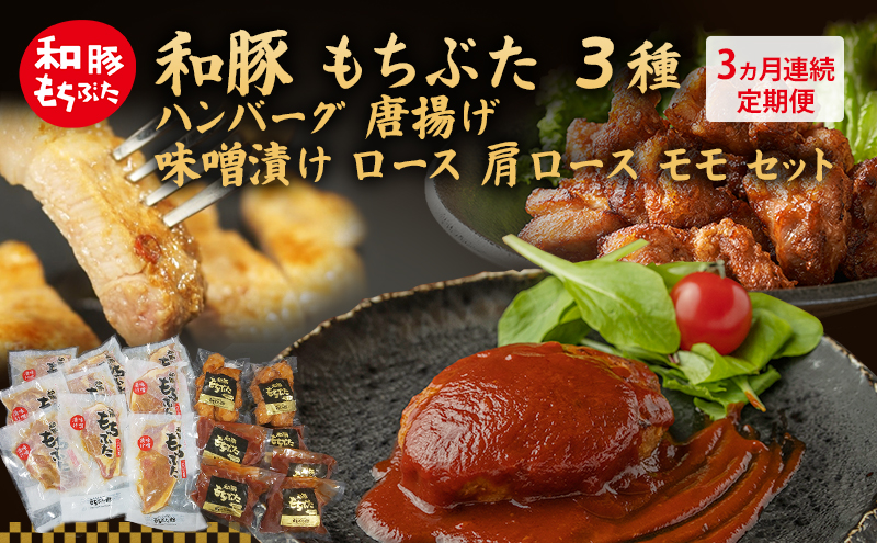 【3ヵ月定期便】全3回 和豚 もちぶた 3種 食べ比べのセット  ハンバーグ 140g 唐揚げ 250g 味噌漬け ロース 肩ロース モモ 120g セット 和豚 豚肉 ポーク 肉 豚 豚ロース もも肉 精肉  食品  夕食 お弁当 もちぶた館 大河原町