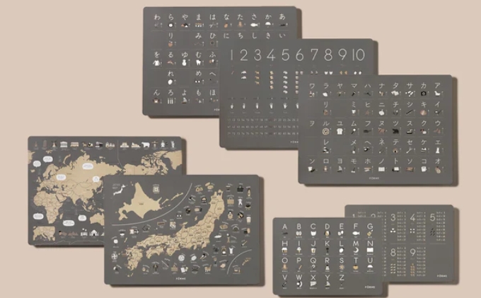 知育ポスター7枚セット(チャコールグレー)(数字・あいうえお(ひらがな表)・カタカナ・日本地図・世界地図・ABC(アルファベット表)・掛け算)【幼稚園 小学生 オシャレ 学習用 防水加工 知育 情操教