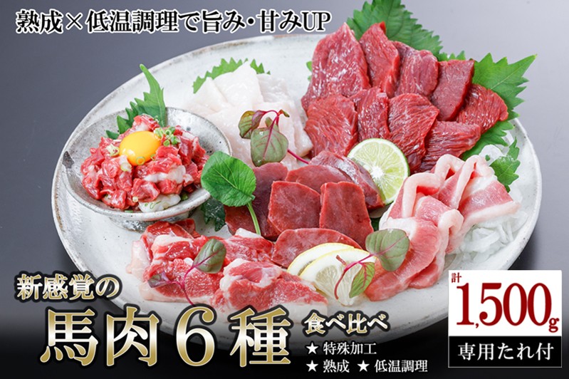 
                  【出荷月指定あり】厳選 馬肉 盛り合わせ 6種 1500g 1.5kg 赤身 フタエゴ ハツ サガリ ユッケ コウネ 特許製法 氷温熟成 低温調理 レア 小分け 焼くだけ簡単 専用醤油 タレ付 真空パック 熊本 小国町
                