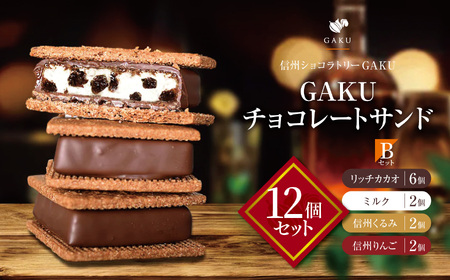 【信州ショコラトリーGAKU】GAKUチョコレートサンド12個セット（リッチカカオ6個・ミルク2個・信州くるみ2個・信州りんご2個）