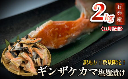 【数量限定】11月配送 訳あり ギンザケ カマ 塩麹漬け 石巻産 2kg 銀鮭 鮭カマ さけカマ ギンザケカマ 銀鮭カマ 塩麹漬けカマ 鮭 漬魚 サーモン 鮭 焼き魚 魚 焼魚