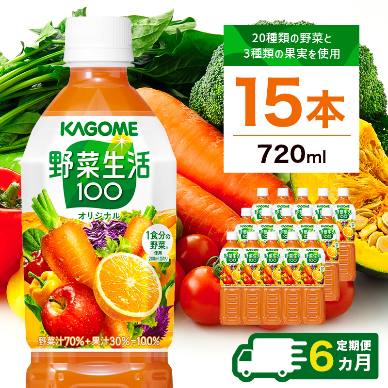 【定期便6ヵ月】カゴメ　野菜生活100(オリジナル)720ml PET×15本 1ケース 毎月届く 6ヵ月 6回コース【 栃木県 那須塩原市 】 ns001-003