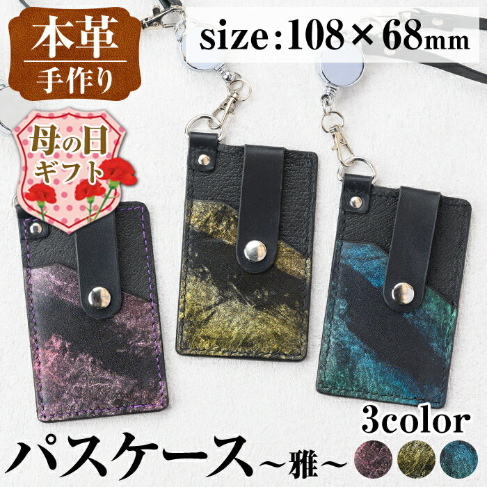 【ふるさと納税】【母の日ギフト】＜色が選べる＞本革 パスケース ~雅~ カード ケース 定期 入れ 牛 革 レザー リール 付き ストラップ ハンドメイド ゴールド ブルー グリーン パープル レッド 金 青 緑 紫 赤 プレゼント ギフト 母の日 贈答 【アート・ヒデ】