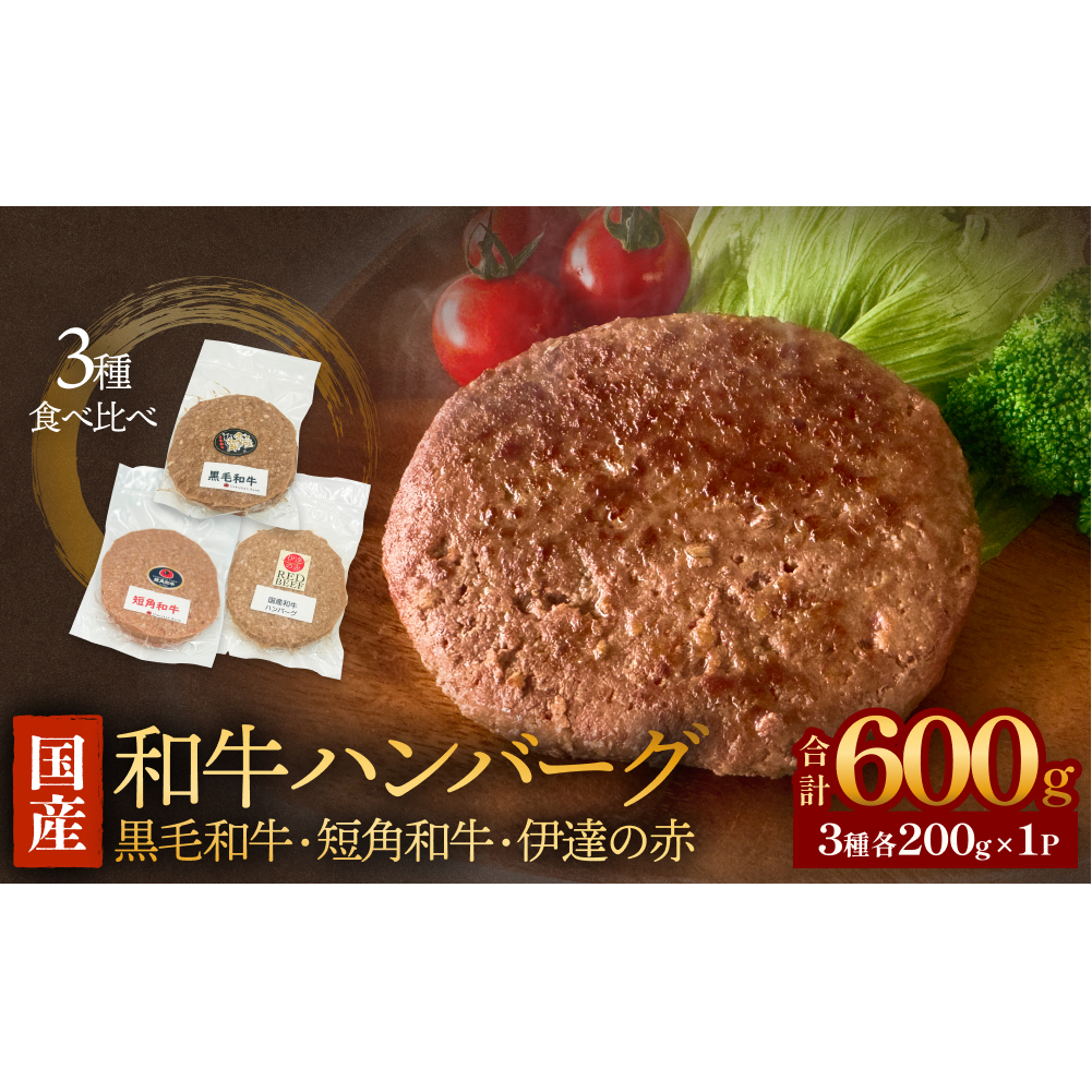 黒毛和牛 三陸金華和牛 南部の赤牛 伊達の赤 和牛ハンバーグ 3種 各200g×1 食べ比べ セット　赤身 国産 美味しい 使いやすい 肉 お肉 おかず 冷凍