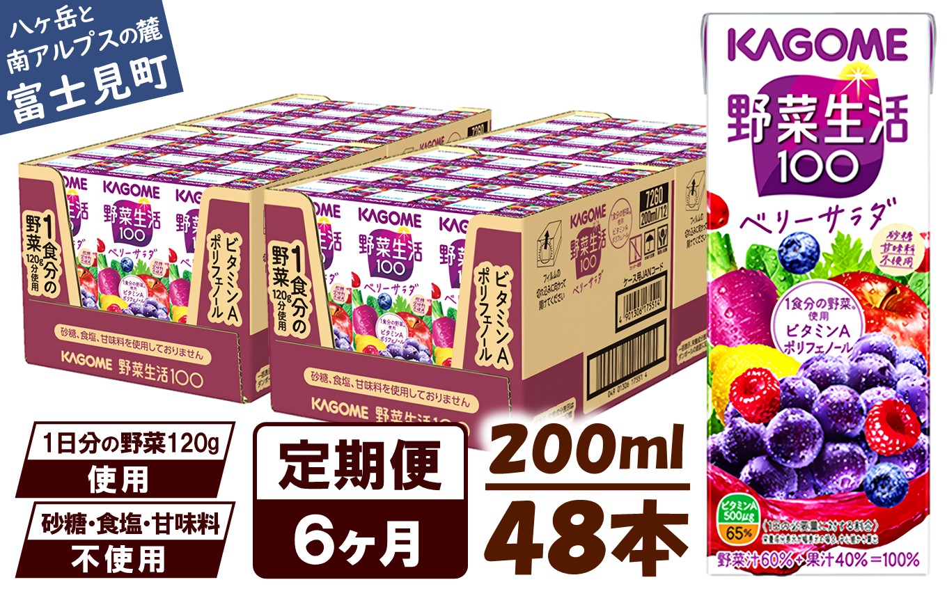 【 定期便 6ヶ月連続お届け】カゴメ 野菜生活100 ベリーサラダ 200ml×48本 ジュース 野菜 果実ミックスジュース 果汁飲料 紙パック 砂糖不使用 1食分の野菜 鉄分 ポリフェノール ビタミンA 飲料類 ドリンク 野菜ドリンク 備蓄 長期保存 防災 飲みもの