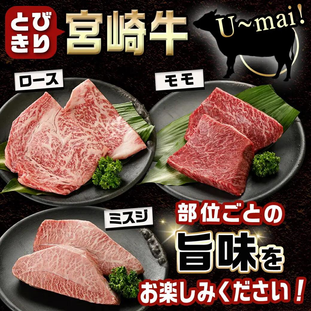 宮崎牛ロース・モモ・ミスジ3種6枚ステーキセット〔17-8908〕_(都城市) 宮崎県産宮崎牛 真空パック ロースステーキ モモステーキ ミスジステーキ 上級ランク 細かなサシ やわらかい部位