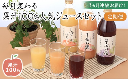 
                  3ヵ月連続お届け！毎月変わる果汁100％人気ジュースセット定期便 |  ジュース 飲み比べ 信州寿果樹園 人気 おすすめ りんご 巨峰 白桃 桃 ぶどう リンゴ 果汁100% 飲料 ドリンク 果物 定期便  送料無料 長野県 長野市 信州 信濃 ふるさと納税
                