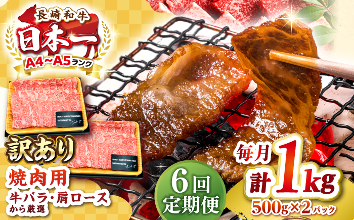 
【全6回定期便】【訳あり】【A4〜A5ランク】長崎和牛 焼肉切り落とし 1kg（500g×2パック）(肩ロース・バラ）《壱岐市》【株式会社MEAT PLUS】 肉 牛肉 黒毛和牛 焼き肉 焼肉 焼肉用 ギフト 贈答用 冷凍配送 A4 A5 [JGH121]
