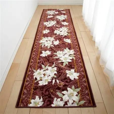 日本製 廊下カーペット 65cm×240cm【ユリ柄】滑り止め加工(エンジ)【1270233】