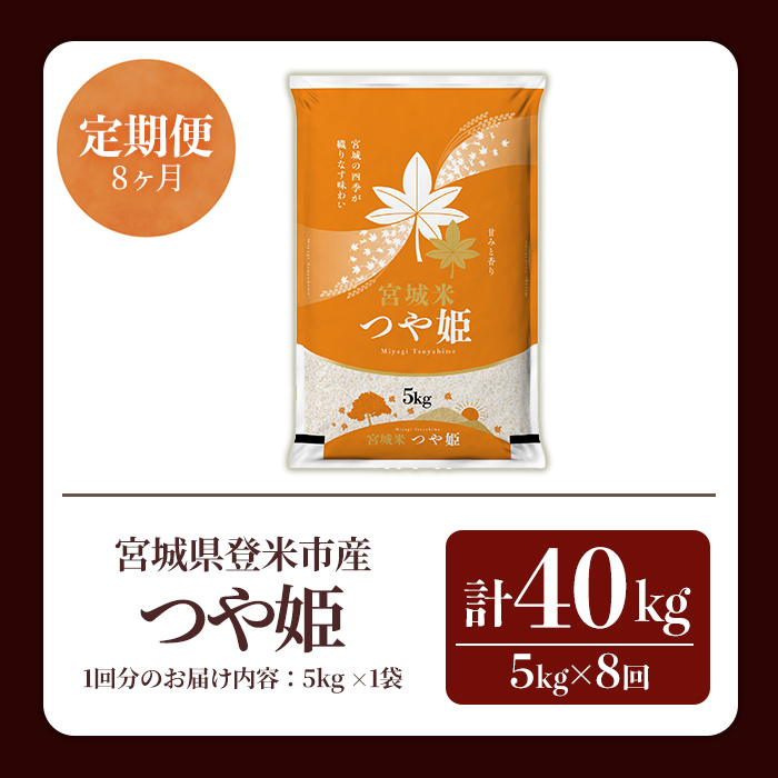 ≪令和7年産≫【8回定期便】つや姫 計40kg(5kg×8回配送) 登米市産 お米 おこめ 米 コメ 白米 ご飯 ごはん おにぎり お弁当 8か月 頒布会【登米ライスサービス株式会社】tm484