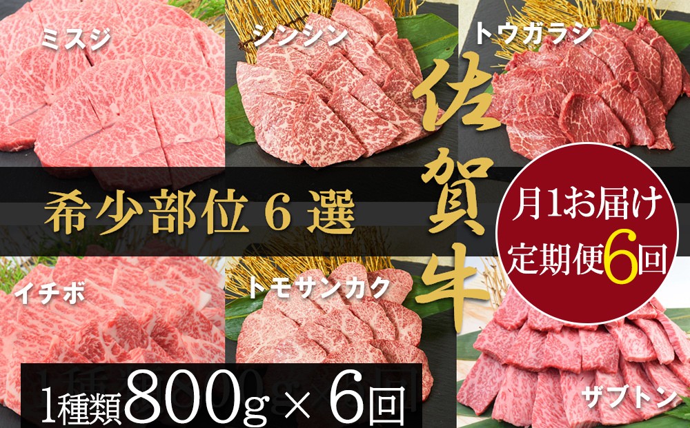 
                  【定期便セット】全6回「佐賀牛」焼肉用食べ比べコース800g(ミスジ・シンシン・トウガラシ・イチボ・トモサンカク・ザブトン)
                