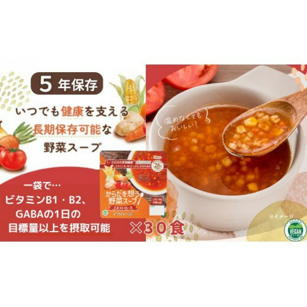 【ふるさと納税】【からだを想う野菜スープ】ミネストローネ30食セット/レトルト/食物アレルギー対応/長期保存/防災食 | 野菜スープ 食物繊維 ビタミン GABA ギャバ 常温 ヴィーガン VEGAN ベジタリアン 健康 栄養 備蓄 非常食 そのまま食べられる すぐ食べれる