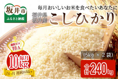 【定期便 24回 竹コース】 坂井市産コシヒカリ 10kg×24回 計240kg ～驚愕のコシヒカリ2年分～ [P-3204]