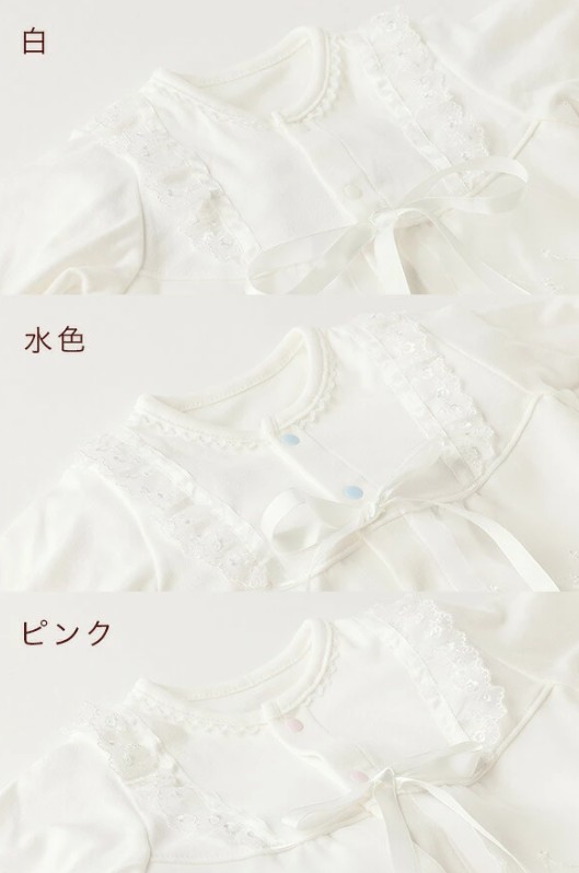 セレモニードレス 3点セット (ドレス＆フード＆オーガンジーレース) 甘撚りパイル生地 ボタンカラー：ホワイト｜赤ちゃん ベビー 男の子 女の子 お宮参り お食い初め [1098]