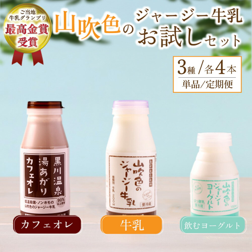 【ふるさと納税】 山吹色のジャージー牛乳お試しセット 単品/6ヶ月 3種 12本 飲むヨーグルト 200ml 150ml カフェオレ コーヒー牛乳 詰め合わせ セット 乳製品 飲料 健康 腸活 免疫力 乳酸菌 牛乳グランプリ 最高金賞 ギフト 山のいぶき 熊本 阿蘇 南小国町 定期便 送料無料