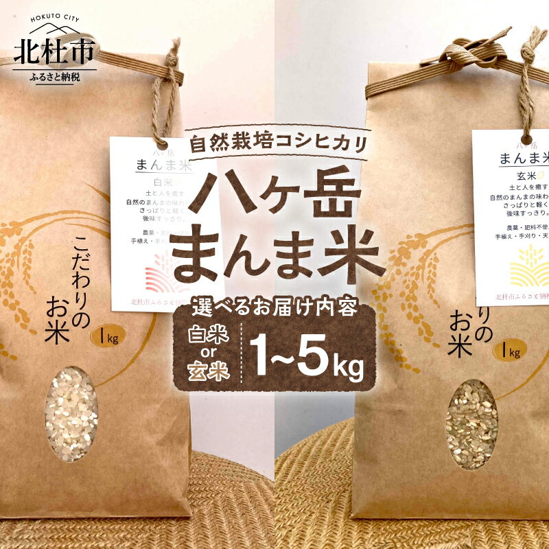 【ふるさと納税】 米 コシヒカリ まんま米 選べる内容量 1kg 3kg 5kg 選べる種類 白米 玄米 農薬不使用 肥料不使用 手植え 手刈り 天日干し 八ヶ岳 山梨県 北杜市 【令和7年度米】 送料無料