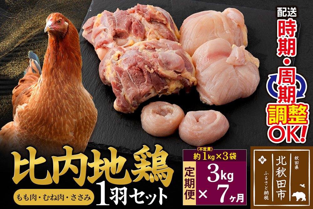 《定期便7ヶ月》 比内地鶏 1羽セット（もも肉・むね肉・ささみ）約3kg（約1kg（不定貫）×3袋）×7回 計21kg 時期選べる お届け周期調整可能 7か月 7ヵ月 7カ月 7ケ月 21キロ 国産 