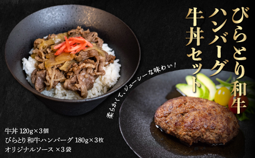 びらとり和牛ハンバーグ180ｇ3枚・牛丼120ｇ3個セット　オリジナルソース付 BRTB032