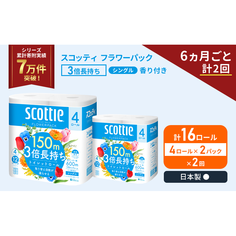 定期便 トイレットペーパー シングル スコッティ フラワーパック 3倍長持ち 16ロール ( 4ロール × 2パック ) 《 6ヶ月ごと 計  2回 》香り付き