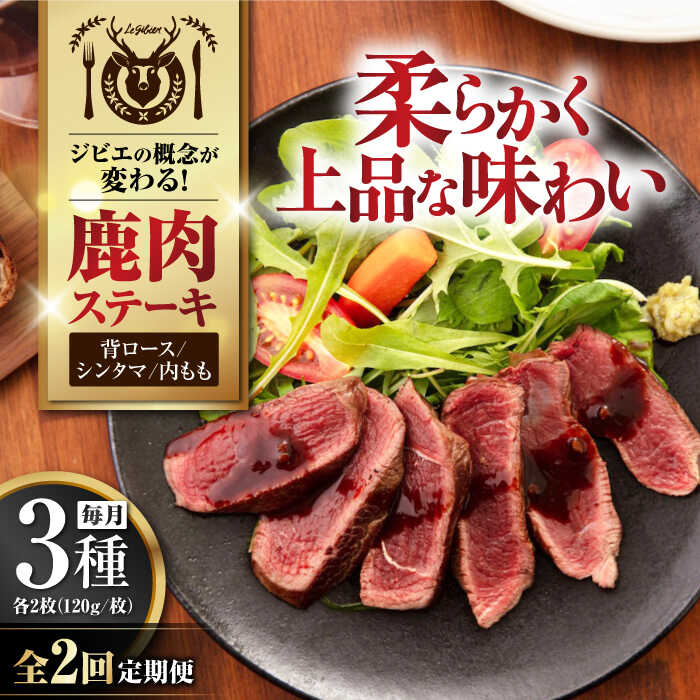 【ふるさと納税】【全2回定期便】鹿肉 ステーキ ギフト 3種セット / 背ロース・シンタマ・内もも 各2枚 (120g/枚) 《喜茂別町》【EBIJIN】 肉 お肉 モモ もも肉 セット ステーキ ギフト 赤身 赤み 冷凍配送 定期便 定期 北海道 [AJAO022] 88000 88000円