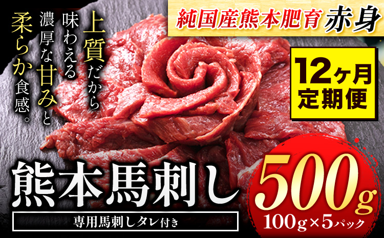 【12ヶ月定期便】馬刺し 赤身 馬刺し 500g 【純 国産 熊本 肥育】 たっぷり タレ付き 生食用 冷凍《お申込み月の翌月から出荷開始》送料無料 国産 絶品 馬肉 肉 ギフト 定期便 熊本県  苓北町---rh_fjst5tei_r7_183000_mo12num1---