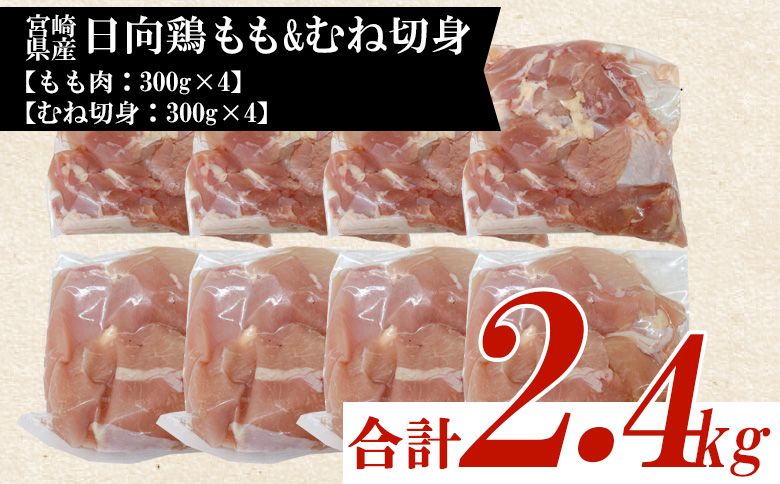 ＜宮崎県産日向鶏 もも＆むね切身 約2.4kg＞国産 鶏 肉 精肉 モモ もも肉 使いやすい パック 真空冷凍 切り身 選べる数量 お弁当 惣菜 からあげ 照り焼き 数量限定 BBQ バーベキュー 鶏