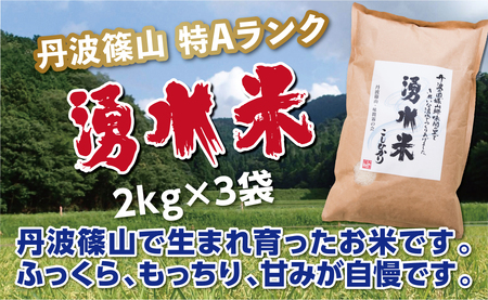 【令和7年産 2025年9月以降、順次発送】　篠山産　特Aランク　湧水米（わきみずまい）2ｋｇ×3袋 Y101 白米 100％単一原料米 産地直送米 贈答 おいしい お米 精米 コシヒカリ ブランド おこめ 健康 ギフト 内祝い 贈り物 送料無料 おすすめ 人気 口コミ