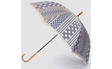 【槙田商店】晴雨兼用長傘 Kirie　ドットとストライプ柄　アッシュブルー  傘 かさ 雨具 高級 晴雨 兼用 UV 日焼け ギフト ファッション  日傘 プレゼント 化粧箱 老舗