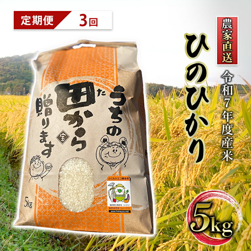 【ふるさと納税】定期便3ヶ月 米 5kg 令和7年度産米 ひのひかり 筑後小郡産 農家直送 3回 お米 コメ お楽しみ